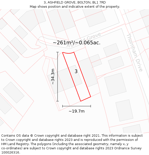 3, ASHFIELD GROVE, BOLTON, BL1 7RD: Plot and title map