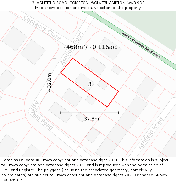 3, ASHFIELD ROAD, COMPTON, WOLVERHAMPTON, WV3 9DP: Plot and title map