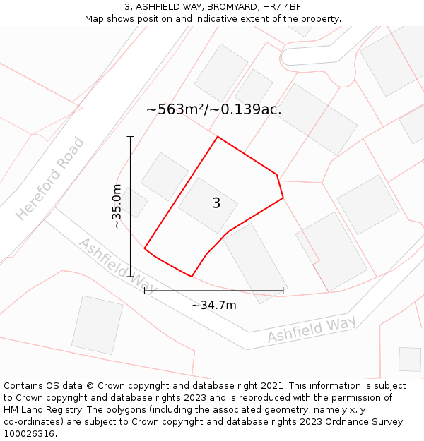 3, ASHFIELD WAY, BROMYARD, HR7 4BF: Plot and title map