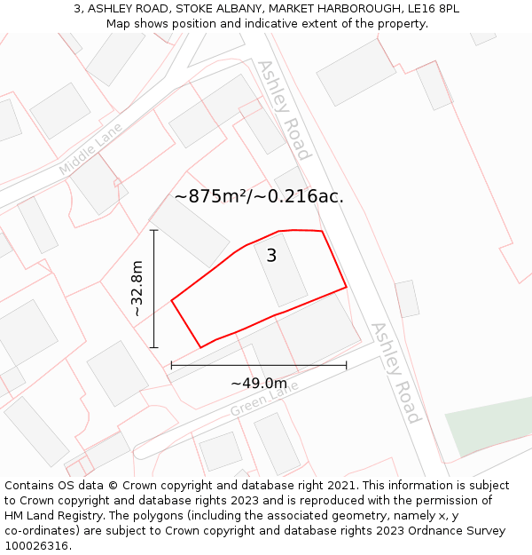 3, ASHLEY ROAD, STOKE ALBANY, MARKET HARBOROUGH, LE16 8PL: Plot and title map