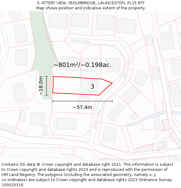 3, ATTERY VIEW, YEOLMBRIDGE, LAUNCESTON, PL15 8TY: Plot and title map