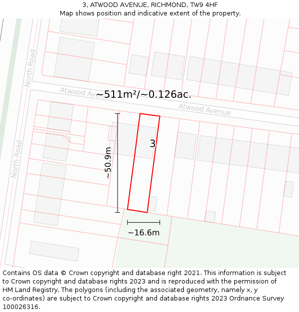 3, ATWOOD AVENUE, RICHMOND, TW9 4HF: Plot and title map