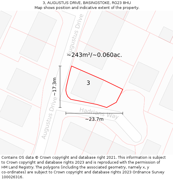 3, AUGUSTUS DRIVE, BASINGSTOKE, RG23 8HU: Plot and title map