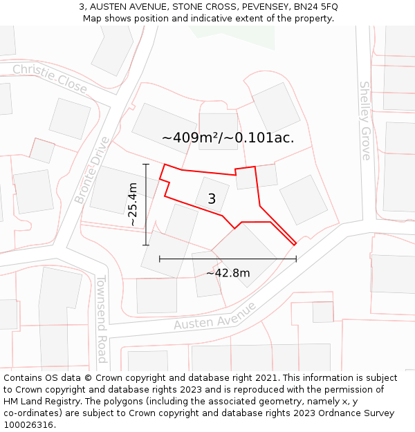 3, AUSTEN AVENUE, STONE CROSS, PEVENSEY, BN24 5FQ: Plot and title map