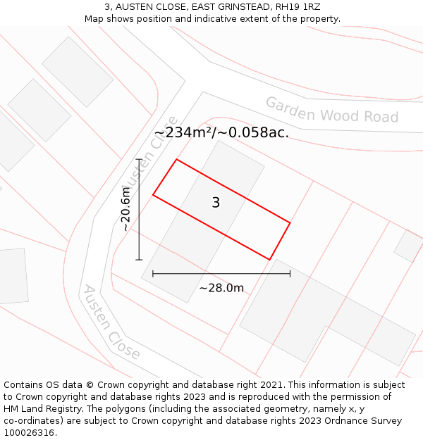 3, AUSTEN CLOSE, EAST GRINSTEAD, RH19 1RZ: Plot and title map