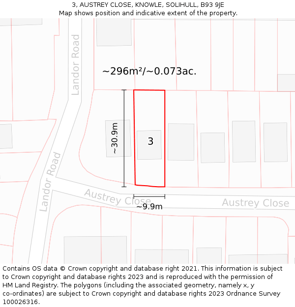 3, AUSTREY CLOSE, KNOWLE, SOLIHULL, B93 9JE: Plot and title map