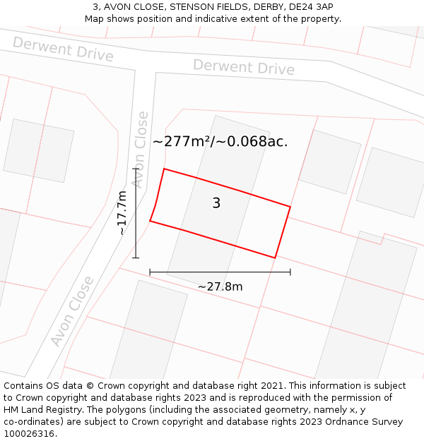 3, AVON CLOSE, STENSON FIELDS, DERBY, DE24 3AP: Plot and title map