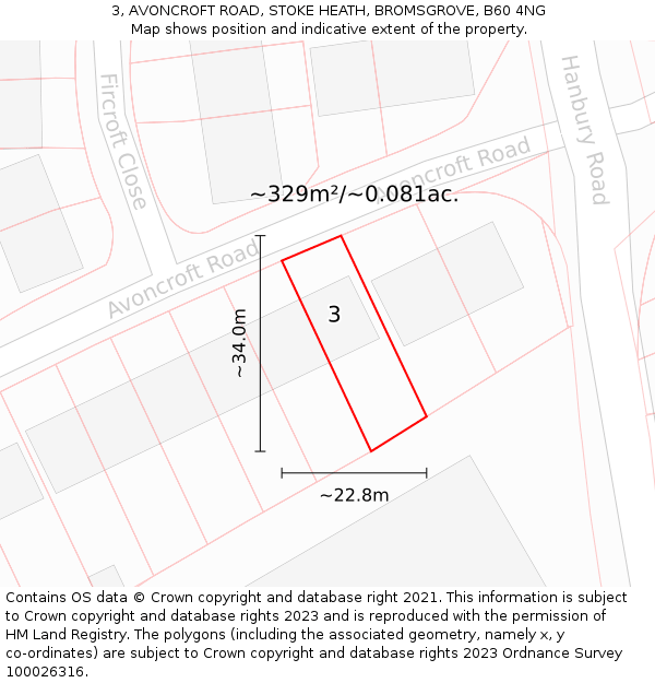 3, AVONCROFT ROAD, STOKE HEATH, BROMSGROVE, B60 4NG: Plot and title map