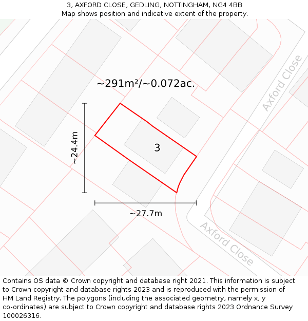 3, AXFORD CLOSE, GEDLING, NOTTINGHAM, NG4 4BB: Plot and title map