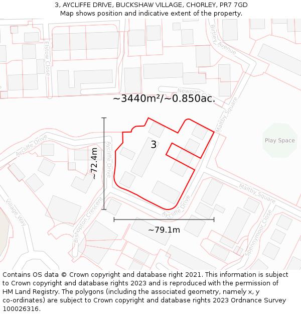 3, AYCLIFFE DRIVE, BUCKSHAW VILLAGE, CHORLEY, PR7 7GD: Plot and title map