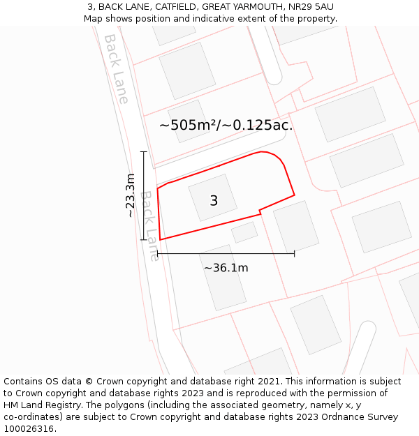 3, BACK LANE, CATFIELD, GREAT YARMOUTH, NR29 5AU: Plot and title map