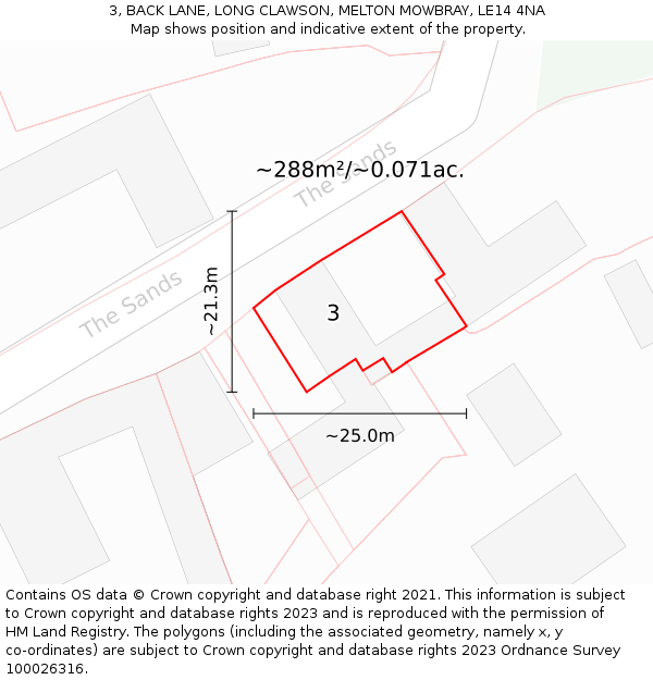 3, BACK LANE, LONG CLAWSON, MELTON MOWBRAY, LE14 4NA: Plot and title map