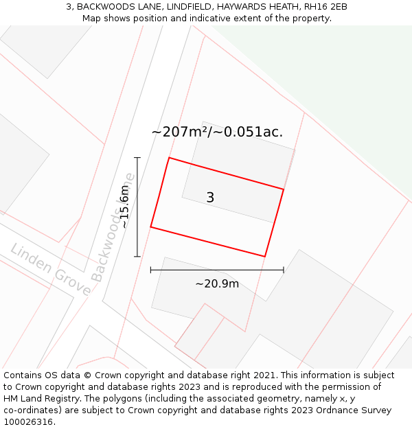 3, BACKWOODS LANE, LINDFIELD, HAYWARDS HEATH, RH16 2EB: Plot and title map
