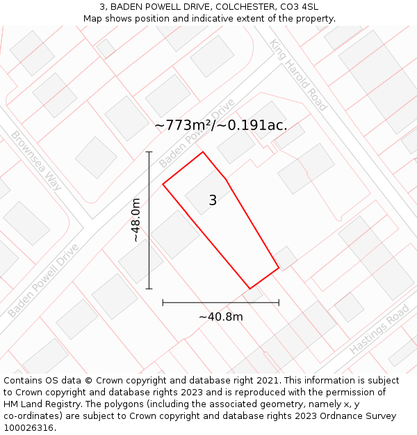 3, BADEN POWELL DRIVE, COLCHESTER, CO3 4SL: Plot and title map