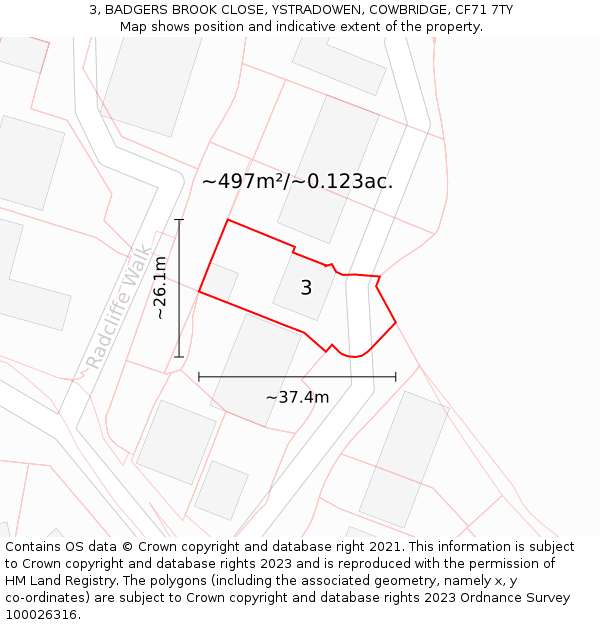 3, BADGERS BROOK CLOSE, YSTRADOWEN, COWBRIDGE, CF71 7TY: Plot and title map