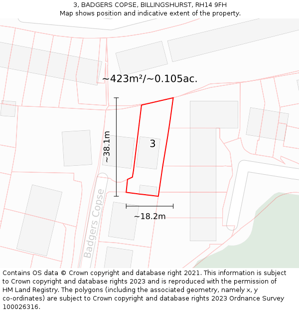 3, BADGERS COPSE, BILLINGSHURST, RH14 9FH: Plot and title map