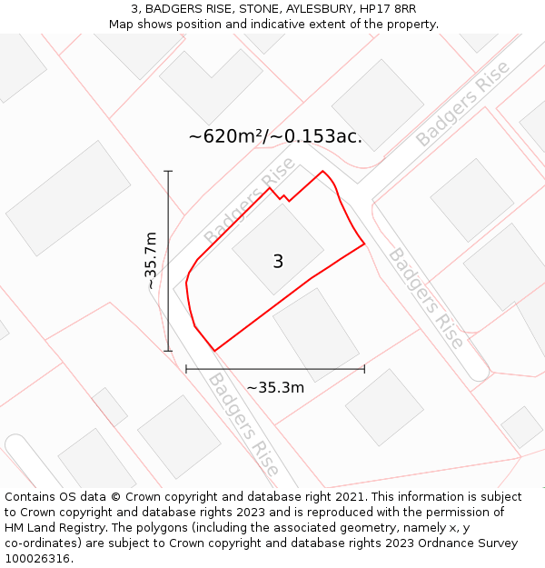 3, BADGERS RISE, STONE, AYLESBURY, HP17 8RR: Plot and title map