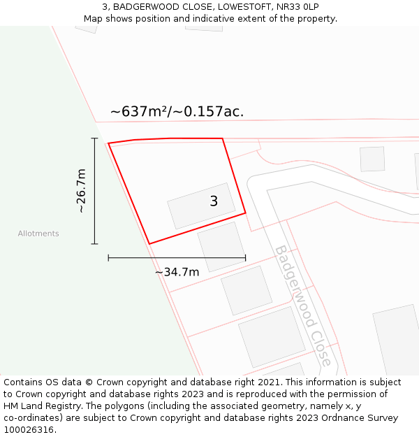 3, BADGERWOOD CLOSE, LOWESTOFT, NR33 0LP: Plot and title map