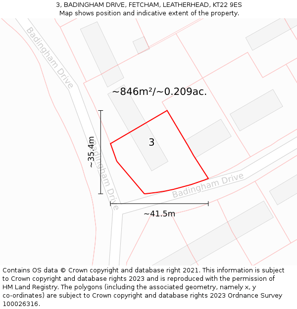3, BADINGHAM DRIVE, FETCHAM, LEATHERHEAD, KT22 9ES: Plot and title map