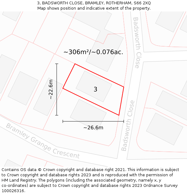 3, BADSWORTH CLOSE, BRAMLEY, ROTHERHAM, S66 2XQ: Plot and title map