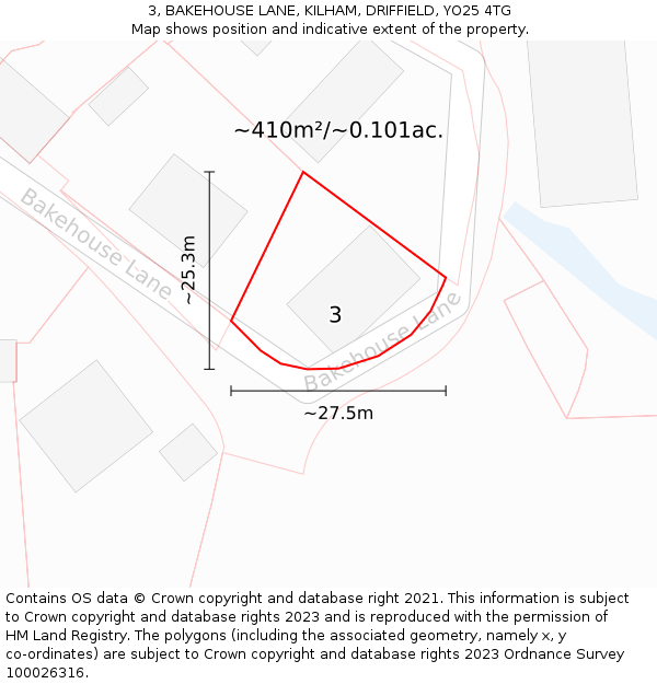 3, BAKEHOUSE LANE, KILHAM, DRIFFIELD, YO25 4TG: Plot and title map