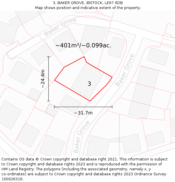3, BAKER GROVE, IBSTOCK, LE67 6DB: Plot and title map