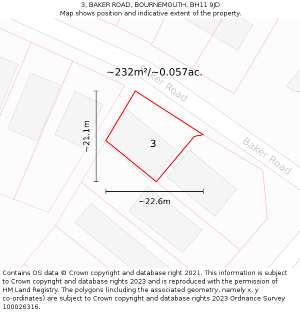 3, BAKER ROAD, BOURNEMOUTH, BH11 9JD: Plot and title map