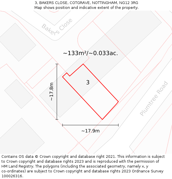 3, BAKERS CLOSE, COTGRAVE, NOTTINGHAM, NG12 3RG: Plot and title map