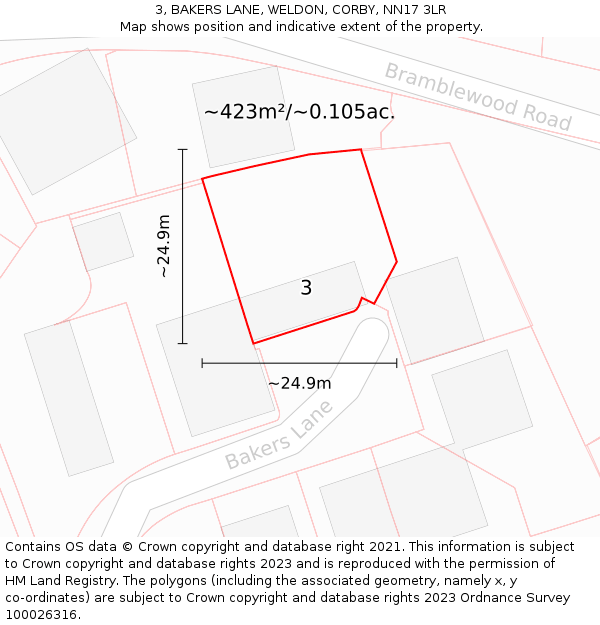 3, BAKERS LANE, WELDON, CORBY, NN17 3LR: Plot and title map