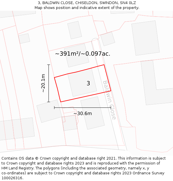 3, BALDWIN CLOSE, CHISELDON, SWINDON, SN4 0LZ: Plot and title map