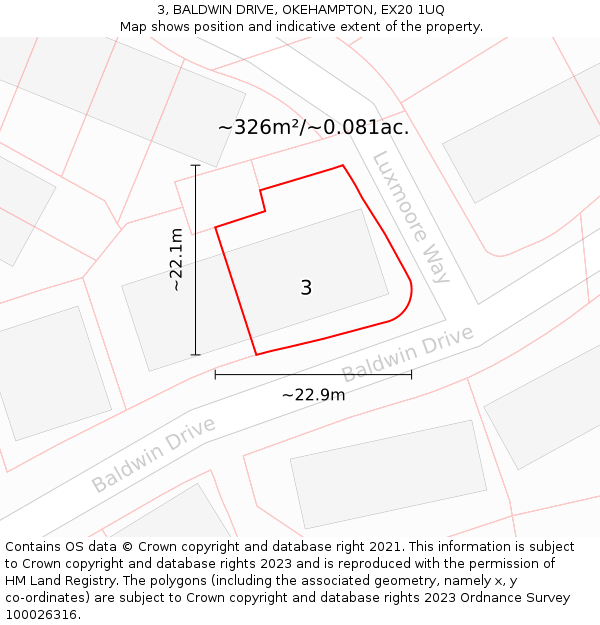 3, BALDWIN DRIVE, OKEHAMPTON, EX20 1UQ: Plot and title map