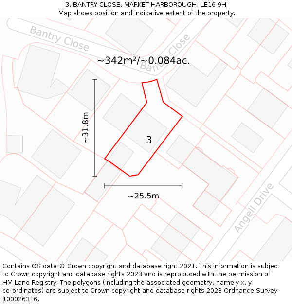 3, BANTRY CLOSE, MARKET HARBOROUGH, LE16 9HJ: Plot and title map