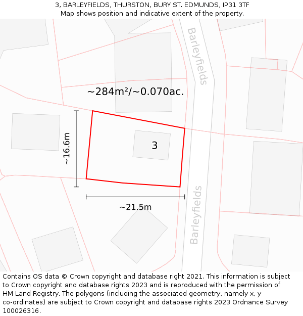 3, BARLEYFIELDS, THURSTON, BURY ST. EDMUNDS, IP31 3TF: Plot and title map