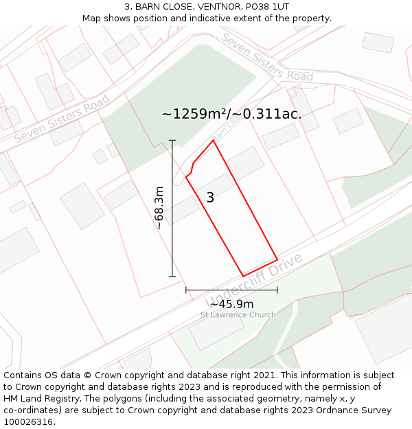 3, BARN CLOSE, VENTNOR, PO38 1UT: Plot and title map