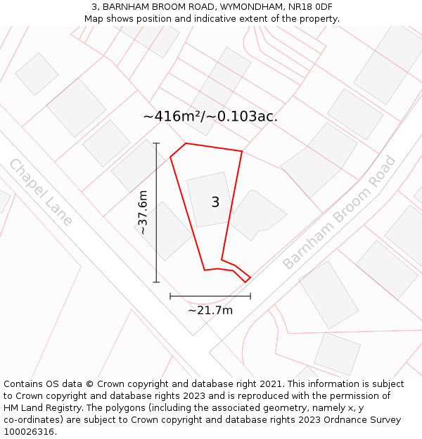 3, BARNHAM BROOM ROAD, WYMONDHAM, NR18 0DF: Plot and title map