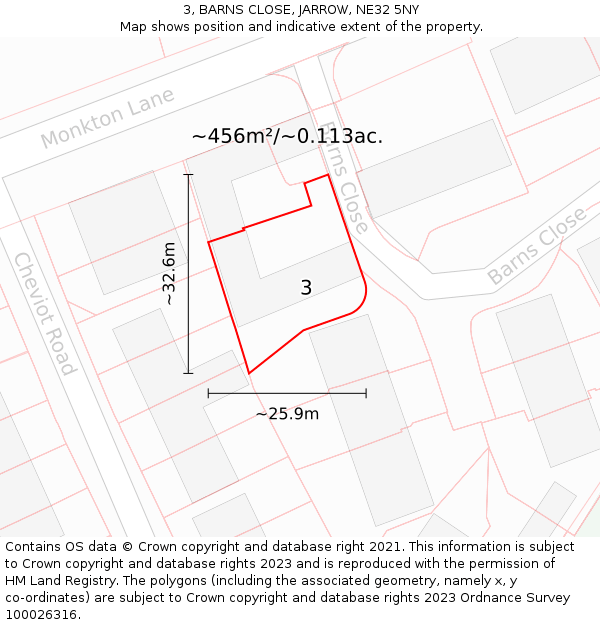 3, BARNS CLOSE, JARROW, NE32 5NY: Plot and title map