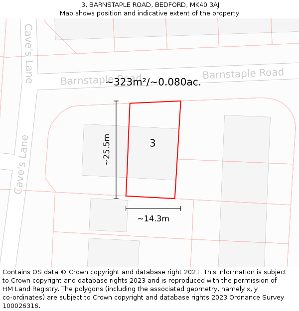 3, BARNSTAPLE ROAD, BEDFORD, MK40 3AJ: Plot and title map