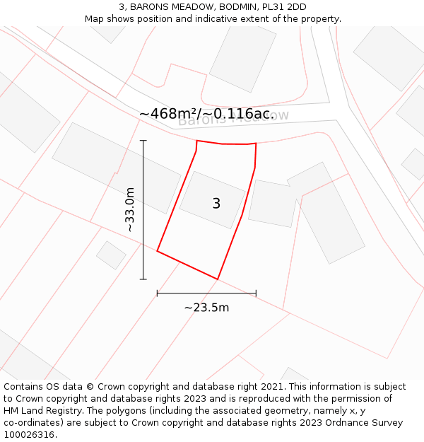3, BARONS MEADOW, BODMIN, PL31 2DD: Plot and title map