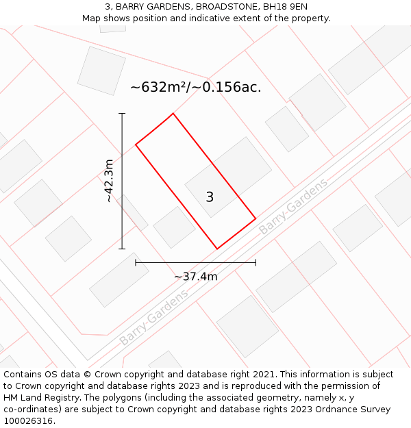 3, BARRY GARDENS, BROADSTONE, BH18 9EN: Plot and title map