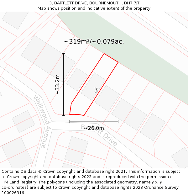 3, BARTLETT DRIVE, BOURNEMOUTH, BH7 7JT: Plot and title map