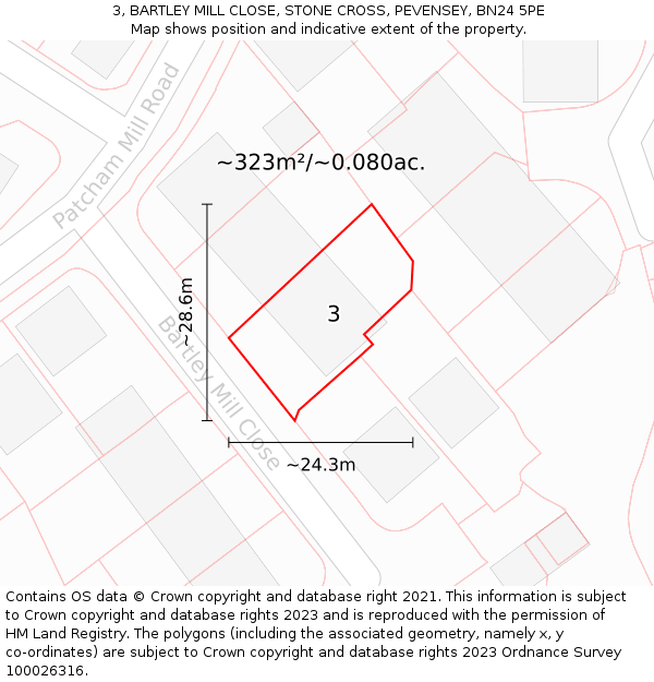 3, BARTLEY MILL CLOSE, STONE CROSS, PEVENSEY, BN24 5PE: Plot and title map