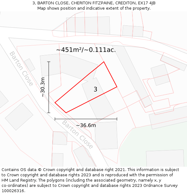 3, BARTON CLOSE, CHERITON FITZPAINE, CREDITON, EX17 4JB: Plot and title map