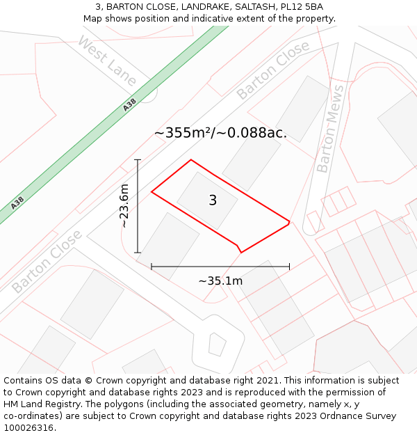 3, BARTON CLOSE, LANDRAKE, SALTASH, PL12 5BA: Plot and title map