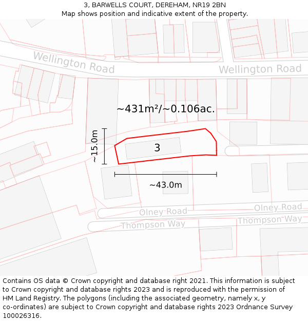 3, BARWELLS COURT, DEREHAM, NR19 2BN: Plot and title map