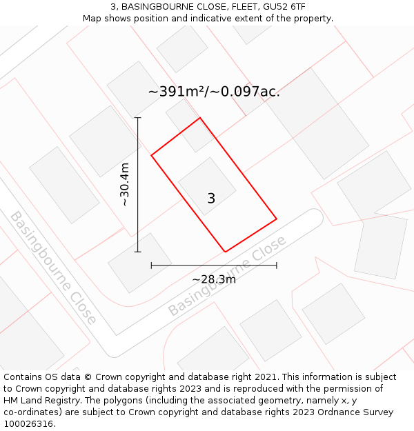3, BASINGBOURNE CLOSE, FLEET, GU52 6TF: Plot and title map