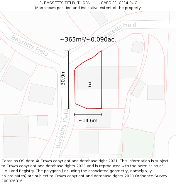 3, BASSETTS FIELD, THORNHILL, CARDIFF, CF14 9UG: Plot and title map