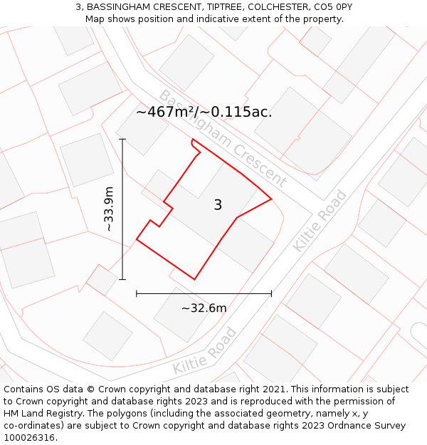 3, BASSINGHAM CRESCENT, TIPTREE, COLCHESTER, CO5 0PY: Plot and title map