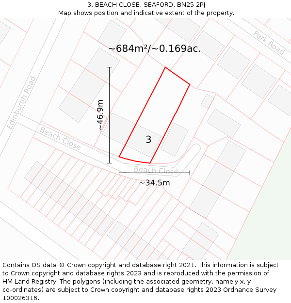 3, BEACH CLOSE, SEAFORD, BN25 2PJ: Plot and title map