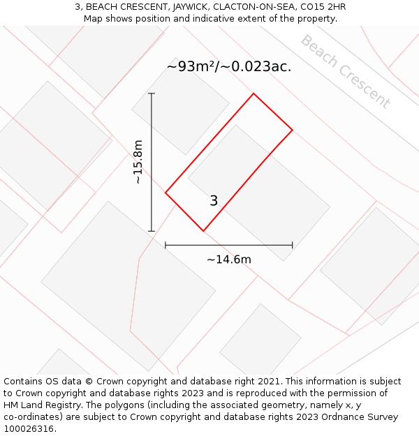 3, BEACH CRESCENT, JAYWICK, CLACTON-ON-SEA, CO15 2HR: Plot and title map