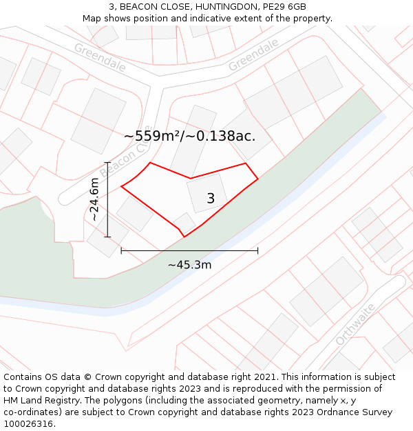 3, BEACON CLOSE, HUNTINGDON, PE29 6GB: Plot and title map